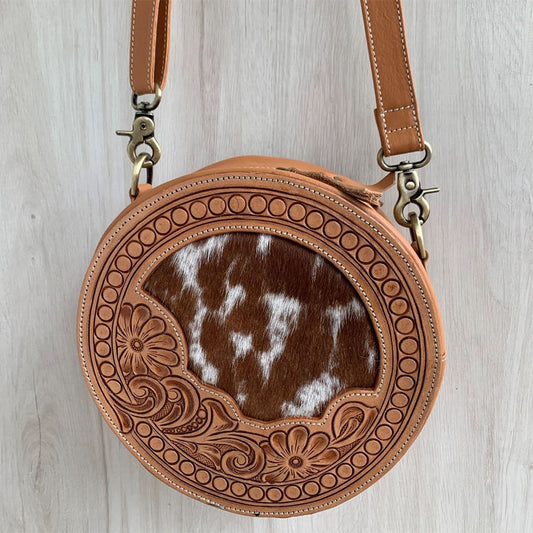 Tooled Leather Round Cross-Over Bag - TL11