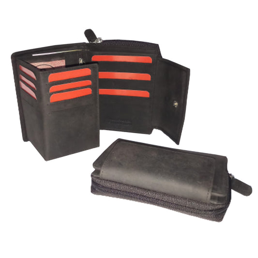 Leather Hipster Bi-Fold Wallet w/ Zip Compartment - 1010