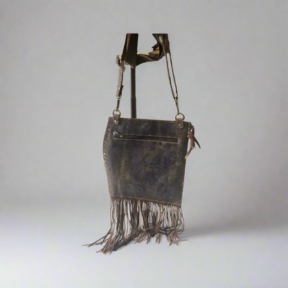 9165 Leather Crossbody with fringes and studs