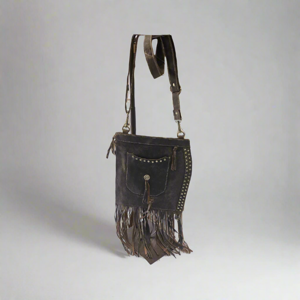 9165 Leather Crossbody with fringes and studs