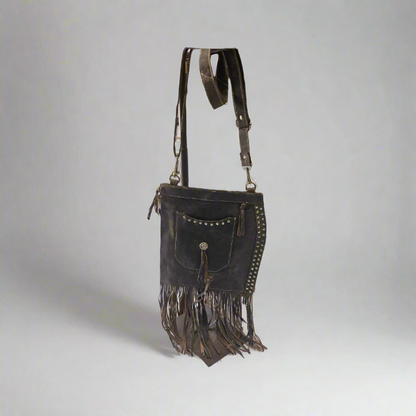 9165 Leather Crossbody with fringes and studs