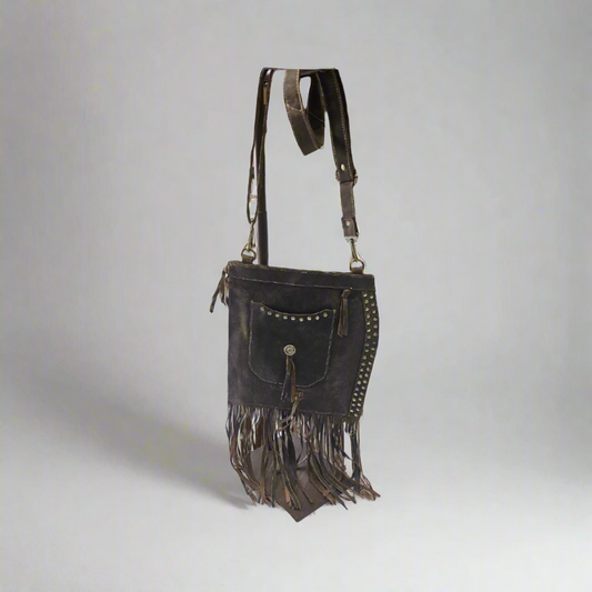9165 Leather Crossbody with fringes and studs