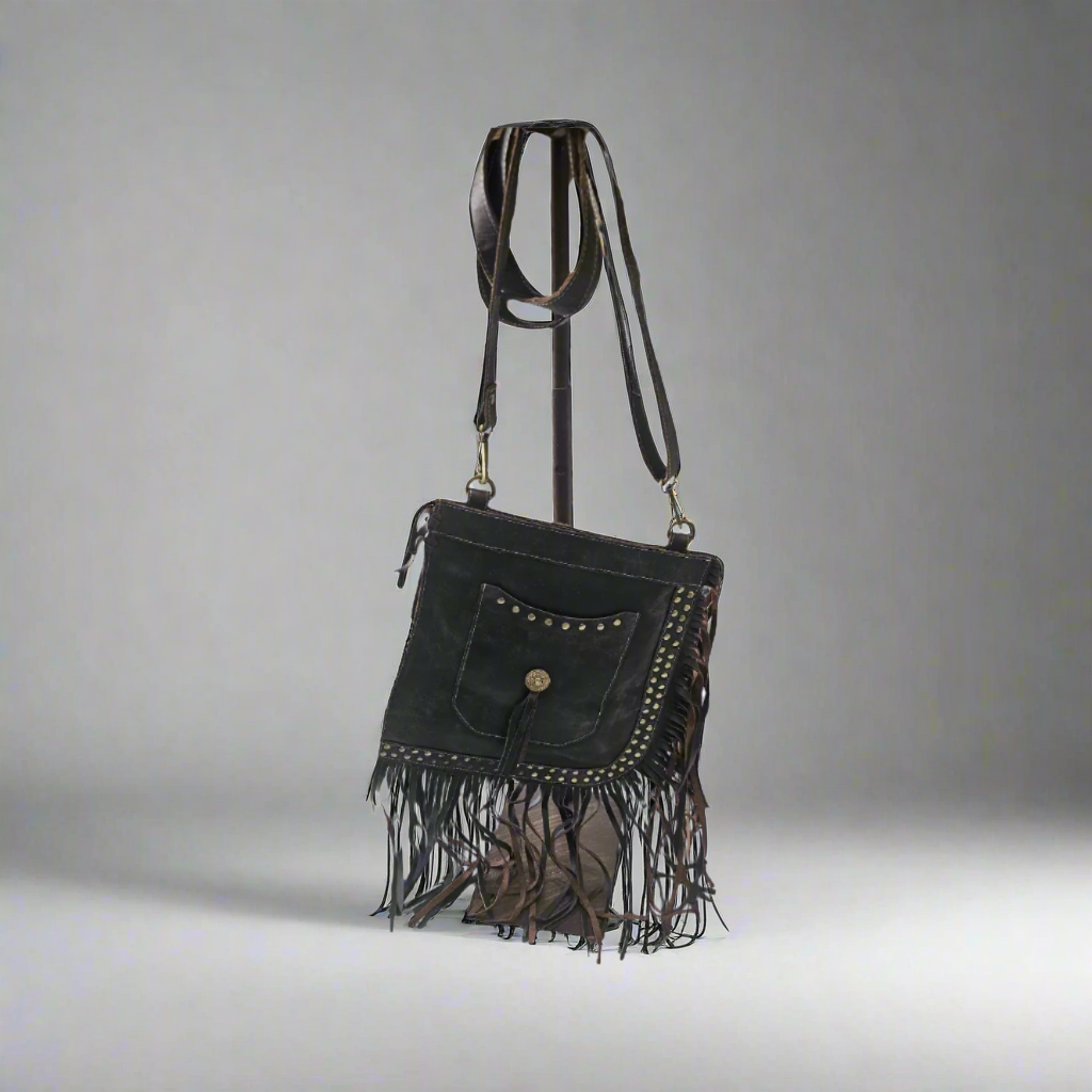 9169 Brown leather gold embroidered studs with fringes