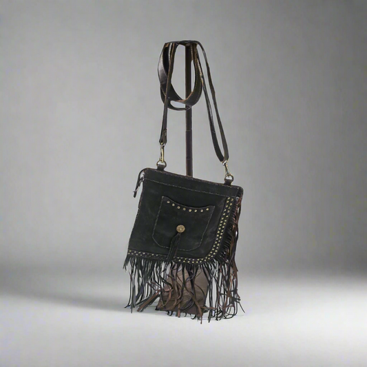 9169 Brown leather gold embroidered studs with fringes