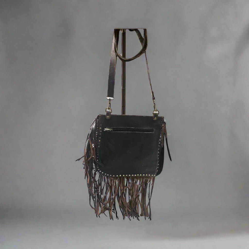 9169 Brown leather gold embroidered studs with fringes