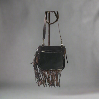 9169 Brown leather gold embroidered studs with fringes
