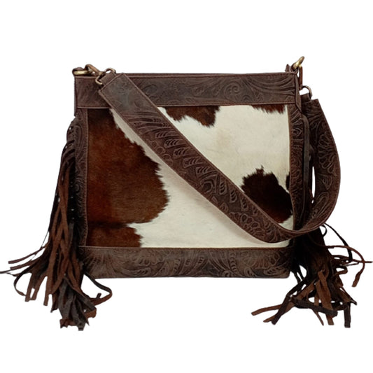 Embossed Hair-On Fringed Shoulder Bag - 9120