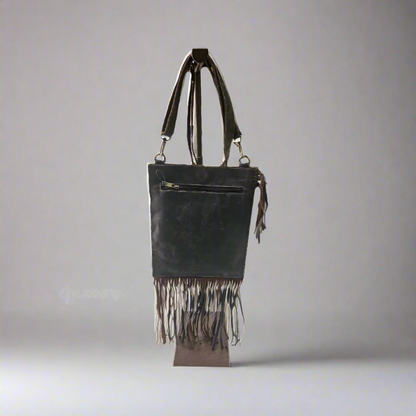 9167 Black leather shoulder bag w/ studs and fringes
