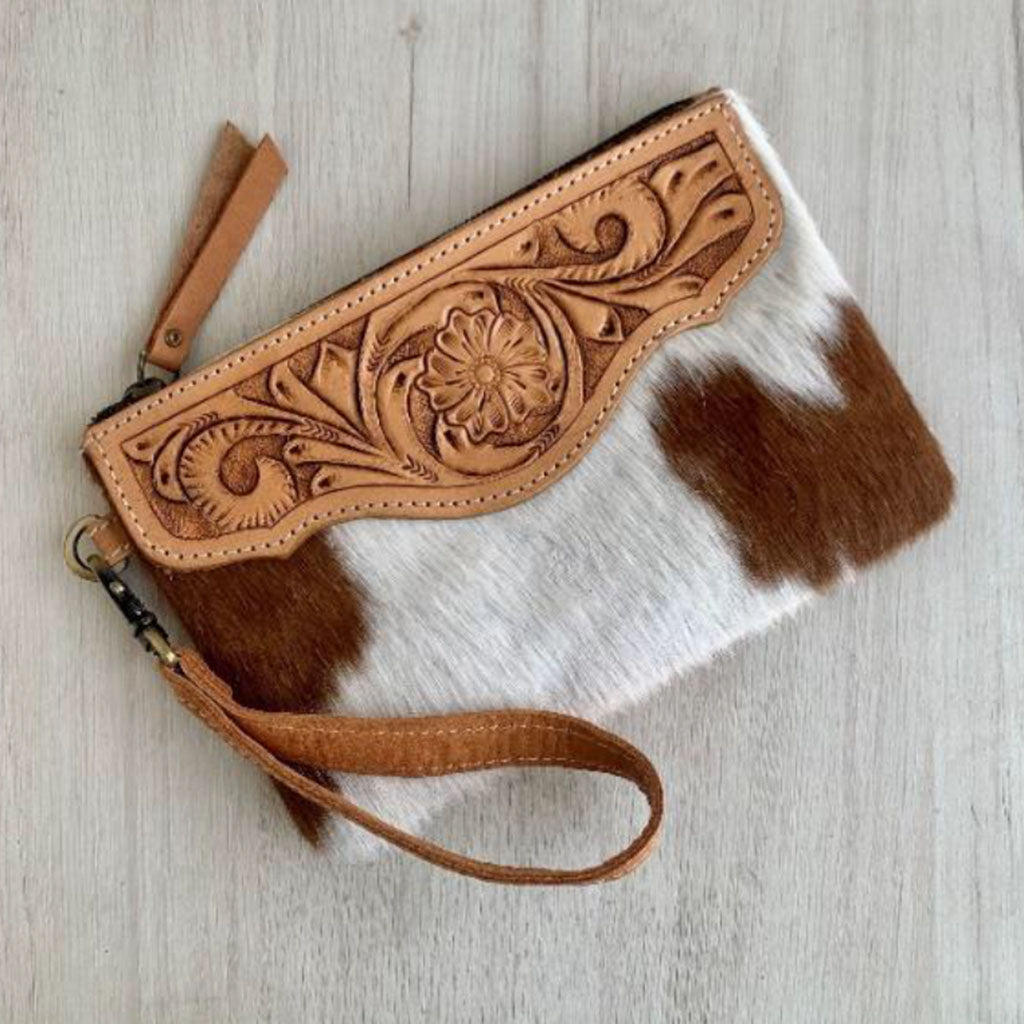 Tooled Leather Clutch Purse TL05 Tan/White - Main Image