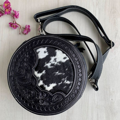Tooled Leather Round Cross-Over Bag - TL11