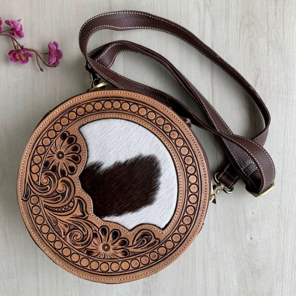 Tooled Leather Round Cross-Over Bag - TL11