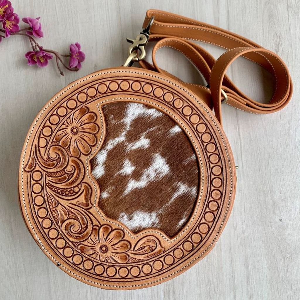 Tooled Leather Round Cross-Over Bag - TL11